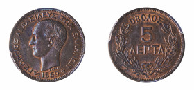Greece, King George I, 1863-1913. 5 Lepta, 1869BB, First Type, Strasbourg mint (KM42; Divo 63a; IV7).

Brown patina with some traces of original mint ...