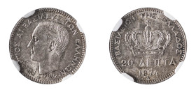Greece, King George I, 1863-1913. 20 Lepta, 1874A, First Type, Paris mint (KM44; Divo 56a; IV9).

Lustrous example with extraordinary silver patina an...