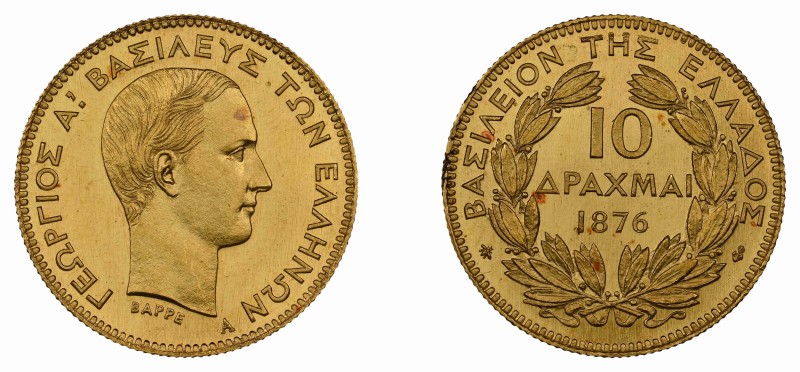 Greece, King George I, 1863-1913. AV 10 Drachmai, 1876A, Paris mint (KM48; Divo ...