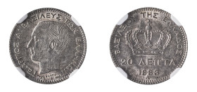 Greece, King George I, 1863-1913. 20 Lepta, 1883A, First Type, Paris mint (KM44; Divo 56b; IV9).

Attractive grey patina and sharp details, scarce in ...
