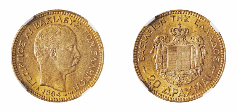 Greece, King George I, 1863-1913. AV 20 Drachmai, 1884Α, Second Type, Paris mint...