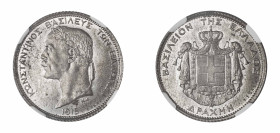Greece, Constantine I, first reign, 1913-1917. Specimen ESSAI Copper-nickel Drachma, 1915, Paris mint, Engraver: K. Dimitriades. (KM-E32; Divo P100).
...