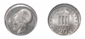 Greece, Third Republic, 1974-. 20 Drachmai, 1976, Athens mint (KM120).

A lustrous example with excellent details.  Graded Mint Error, Broadstruck, MS...