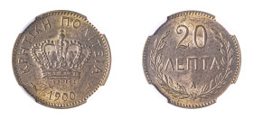 Crete, Prince George, 1898-1906. 20 Lepta, 1900A, Paris mint (KM5; Divo 134).

Very sharp details, much lustre on both sides, scarce condition for thi...