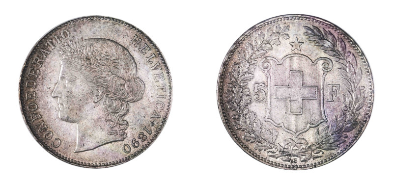 Switzerland, Federal State. 5 Francs, 1890 B, Bern mint, Head of Helvetia (KM34)...