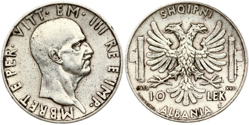 Albania. Vittorio Emanuele III(1900-1946). 10 Lek 1939 R. Silver 10.00 g. KM-34.