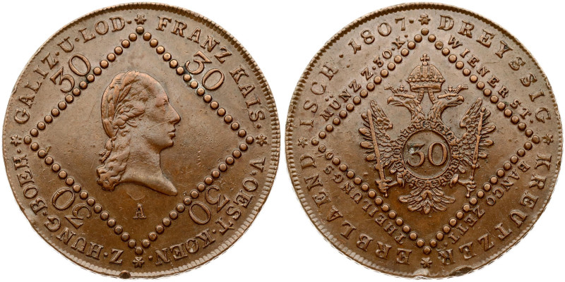 Austria. Franz II (1792-1835). 30 Kreuzer 1807 A, Vienna. Copper 17.27 g. K-2149