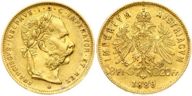 Austria 8 Florins- 20 Francs 1889