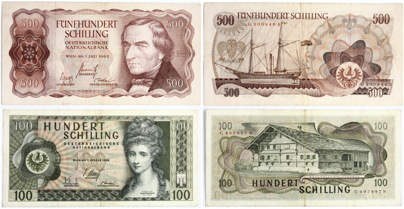 Austria 100 Schilling 1969 & 500 Schilling 1965. S/N C 497997 N, G 200946 B. P-2...