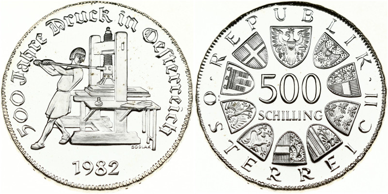 Austria 500 Schilling 1982 500 Years of Austrian Printing. Obverse: Value within...