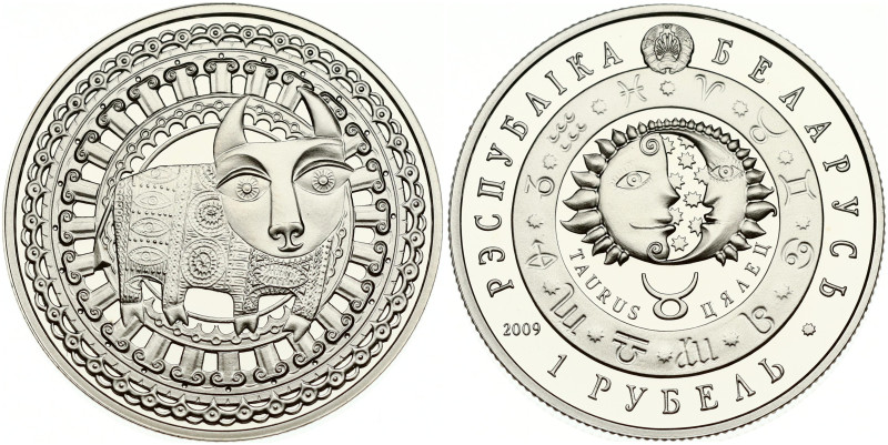 Belarus. Rouble 2009 Taurus (Тялец, Телец). Series Zodiac signs. Copper-nickel 1...