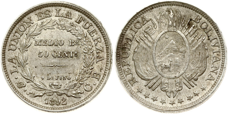 Bolivia. 50 Centavos 1892 PTS CB. Silver 11.50 g. K-161.5