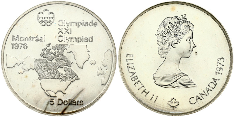 Canada 5 Dollars 1973 Map of North America. Elizabeth II (1952-2022). 1976 Olymp...