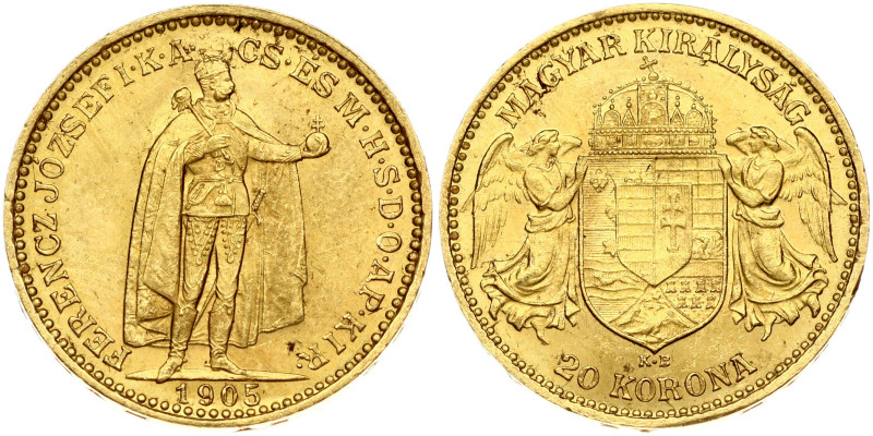 Hungary. Franz Joseph I(1848-1916). 20 Korona 1905 KB. Gold 6.77 g. Fr. 250; KM ...