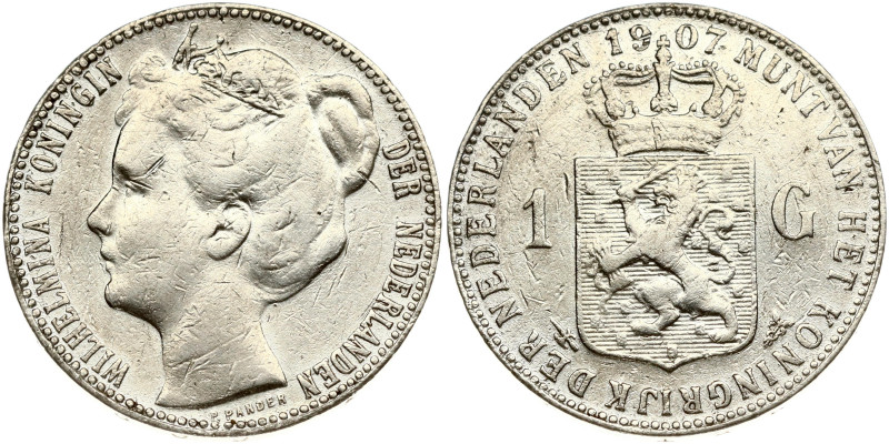 Netherlands. Wilhelmina (1890-1948). 1 Gulden 1907. Silver 9.77 g. KM-122.