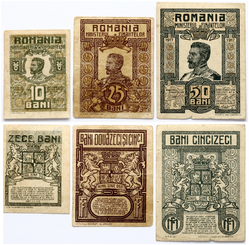 Romania. Ferdinand I (1914-1927). 10 - 50 Bani 1917 banknotes, issued by Ministr...