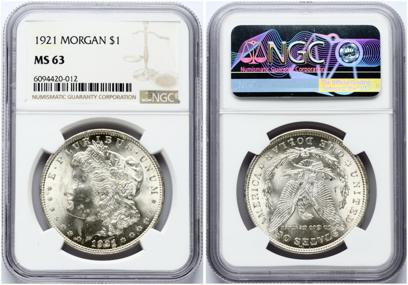 USA. Morgan Dollar 1921, Philadelphia. Silver. KM 110. NGC MS 63