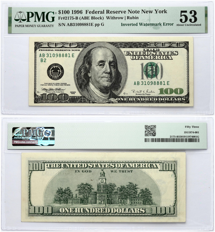 USA 100 Dollars 1996 Benjamin Franklin. Inverted Watermark Error. Federal Reserv...