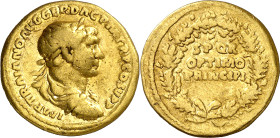 (107 d.C.). Trajano. Áureo. (Spink falta) (Co. 581) (RIC. 150) (Calicó 1121). Dos pruebas de oro en canto. 7,11 g. MBC-.