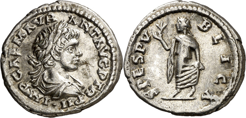(199 d.C.). Caracalla. Denario. (Spink 6889) (S. 600) (RIC. 341a). 3 g. EBC-/MBC...