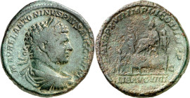 (214 d.C.). Caracalla. Sestercio. (Spink 6922) (Co. 137) (RIC. 527). Pátina verde. Rara. 24,51 g. MBC/MBC-.