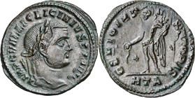 (308-310 d.C.). Licinio padre. Heraclea. Follis. (Spink 15171) (Co. 43) (RIC. 37b). Doble acuñación. 6,18 g. MBC+.