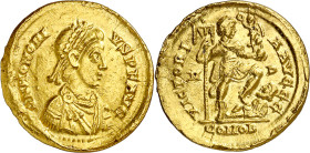 (402-403 d.C.). Honorio. Mediolanum. Sólido. (Spink 20916) (C. 44) (RIC. 1206b). Defecto en borde. 4,34 g. (MBC+).