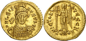 (457-468 d.C.). León I. Constantinopla. Sólido. (Spink 21404) (Ratto 248) (RIC. 605). Grafito en reverso. 4,36 g. MBC+.