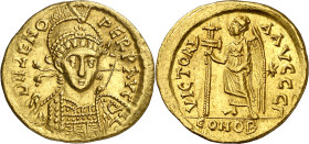 (476-491 d.C.). Zenón. Constantinopla. Sólido. (Spink 21514) (Ratto 279) (RIC. 929). Dos rayas en forma de aspa en anverso. 4,46 g. (EBC-).