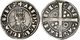 Alfons II (1285-1291). Barcelona. Croat. (Cru.V.S. 331) (Cru.C.G. 2148). Dos y cinco anillos en el vestido. A y V latinas. 3,05 g. MBC.