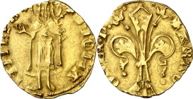 Pere III (1336-1387). Barcelona. Florí. (Cru.V.S. 389) (Cru.Comas 22) (Cru.C.G. 2210). Marca: rosa de puntos (parcialmente visible). 3,38 g. MBC.