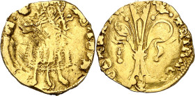 Pere III (1336-1387). Barcelona. Mig florí. Marca: de dificil identificación. Doble acuñación en anverso. 1,68 g. BC+.