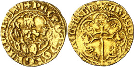 Pere III (1336-1387). Mallorca. Quart de ral d'or. (Cru.V.S. 447) (Cru.C.G. 2259b). Orla de doble trazo y rosas en reverso. Rara. 0,96 g. MBC.