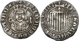 Joan II (1458-1479). Zaragoza. Medio real. (Cru.V.S. 991 var) (Cru.C.G. 3031). Ligeramente alabeada. Muy rara, sólo hemos tenido otros 2 ejemplares, e...