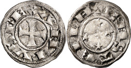 Alfonso VIII (1158-1214). Segovia, Toledo o Burgos. Dinero. (Imperatrix A8:21.6 (50), mismo ejemplar) (AB. 62, como Alfonso VII). Muy rara. 0,91 g. MB...
