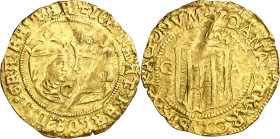 s/d. Juana y Carlos. Zaragoza. C-A. Doble ducado. (AC. 166). Sirvió como joya. Rara. 6,86 g. (MBC-).