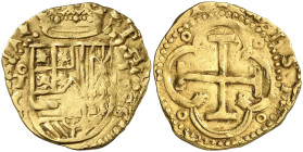 1596/5. Felipe II. Toledo. C. 2 escudos. (AC. 872) (Tauler 66, no señala la rectificación de fecha). Escudo entre /C/ y fecha de cuatro dígitos en ver...