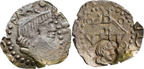 s/d. Felipe III. Banyoles. 1 diner. (AC. 7) (Cru.C.G. 3661). Contramarca cabeza de fraile en reverso realizada en 1605 sobre variante con anillos en l...