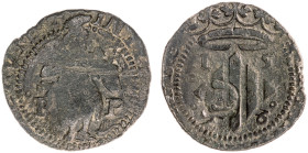 1598. Felipe III. Perpinyà. Doble sou. (AC. 51) (Cru.C.G. 3806a). Contramarca: cabeza de San Juan, realizada en 1603. 2,32 g. MBC-.
