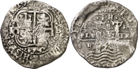 1654. Felipe IV. Potosí. E. 8 reales. (AC. 1506). Doble fecha. Corrosiones marinas. 17,61 g. BC+.
