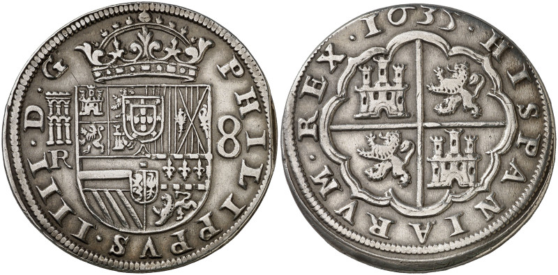 1635. Felipe IV. Segovia. R. 8 reales. (AC. 1606). Pequeña parte del canto final...