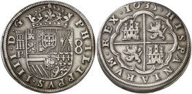 1635. Felipe IV. Segovia. R. 8 reales. (AC. 1606). Pequeña parte del canto final de riel. Ex Colección Isabel de Trastámara 25/05/2017, nº 711. Rara. ...