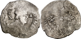 (1641-1644 y 1646-1647). Felipe IV. Cagliari. 10 reales. (Cru.C.G. 4444(a-g)) (MIR. 68/1-68/6) (Piras 146). Busto entre C/X-A. Acuñada sobre otra mone...