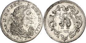 1699. Carlos II. Nápoles. AG/A. 1 tari/20 grana. (Vti. 182) (MIR. 300/8). Rayitas. Parte de brillo original. 4,30 g. (EBC-).
