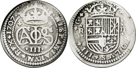 1707. Carlos III, Pretendiente. Barcelona. 2 reales. (AC. 27). 4,55 g. BC+.