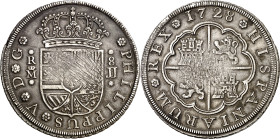 1728. Felipe V. Madrid. JJ. 8 reales. (AC. 1348). Rayas. Rara. 26,62 g. MBC.