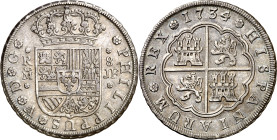 1734. Felipe V. Madrid. JF. 8 reales. (AC. 1357). Atractiva. Rara. 26,80 g. MBC+.