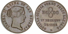 1862. Isabel II. Sevilla. Visita real. (V.Q. 14357 var. metal) (Ruiz Trapero 733). Bella. Bronce. 6,40 g. Ø23 mm. EBC.