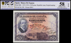 1927. 50 pesetas. (Ed. B115) (Ed. 332). 17 de mayo, Alfonso XIII. Varios sellos tampón REPÚBLICA ESPAÑOLA. Certificado por la PCGS como Choice AU58, n...