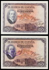 1927. 50 pesetas. (Ed. B110 y B122) (Ed. 326 y 332). 17 de mayo, Alfonso XIII. 2 billetes, uno con sello tampón REPUBLICA ESPAÑOLA en horizontal. Dobl...